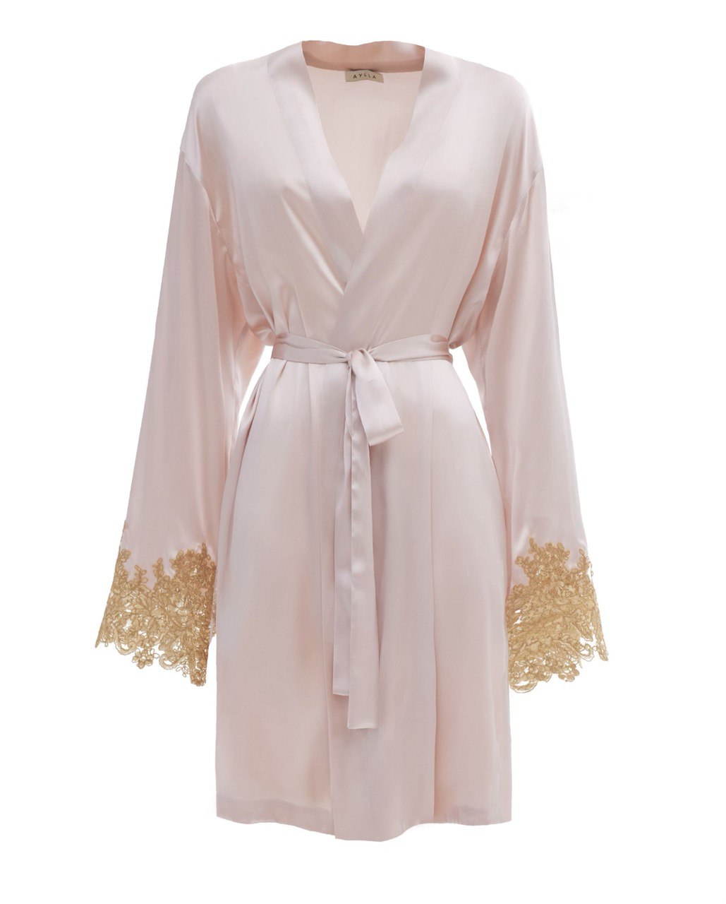 Mia Pudra Silk Robe with French Lace - Short
