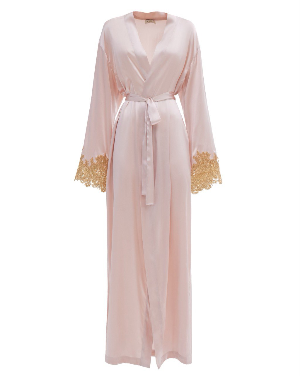 Mia Pudra Silk Robe with French Lace - Long