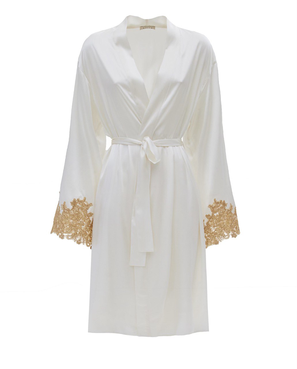 Mia Ivory Silk Robe with French Lace - Short