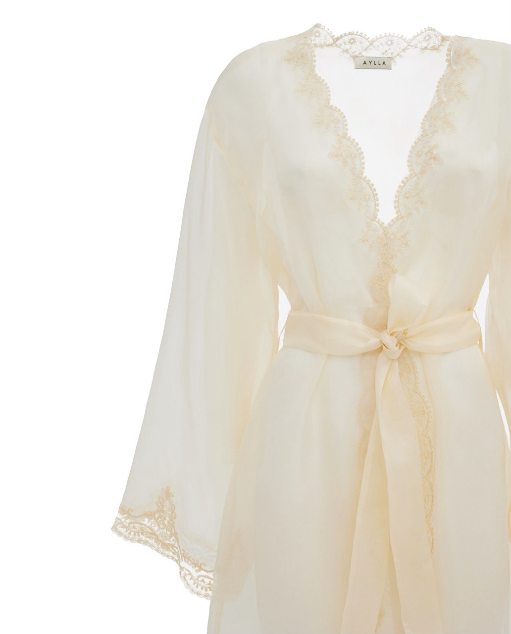 Kaylie Champagne Silk Full Lace Robe - Long