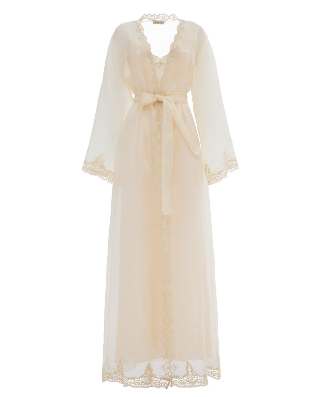 Kaylie Champagne Silk Full Lace Robe - Long