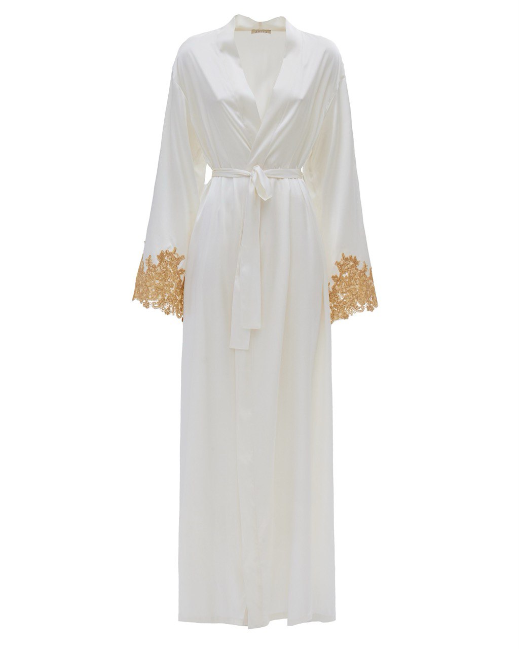 Mia Ivory Silk Robe with French Lace - Long